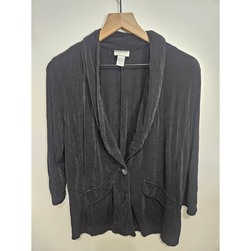 Chicos Travelers Black Slinky Knit Blazer Shawl Collar Button Jacket Womens‎ 2 L